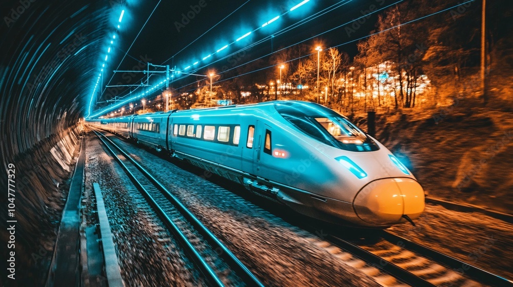High Speed Train Emerging from Tunnel at Night with Blue Lights High Speed Train Emerging from Tunnel at Night with Blue Lights