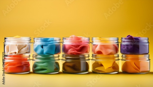 multi colored snus sachets with different flavors are placed in jars on a yellow background photo