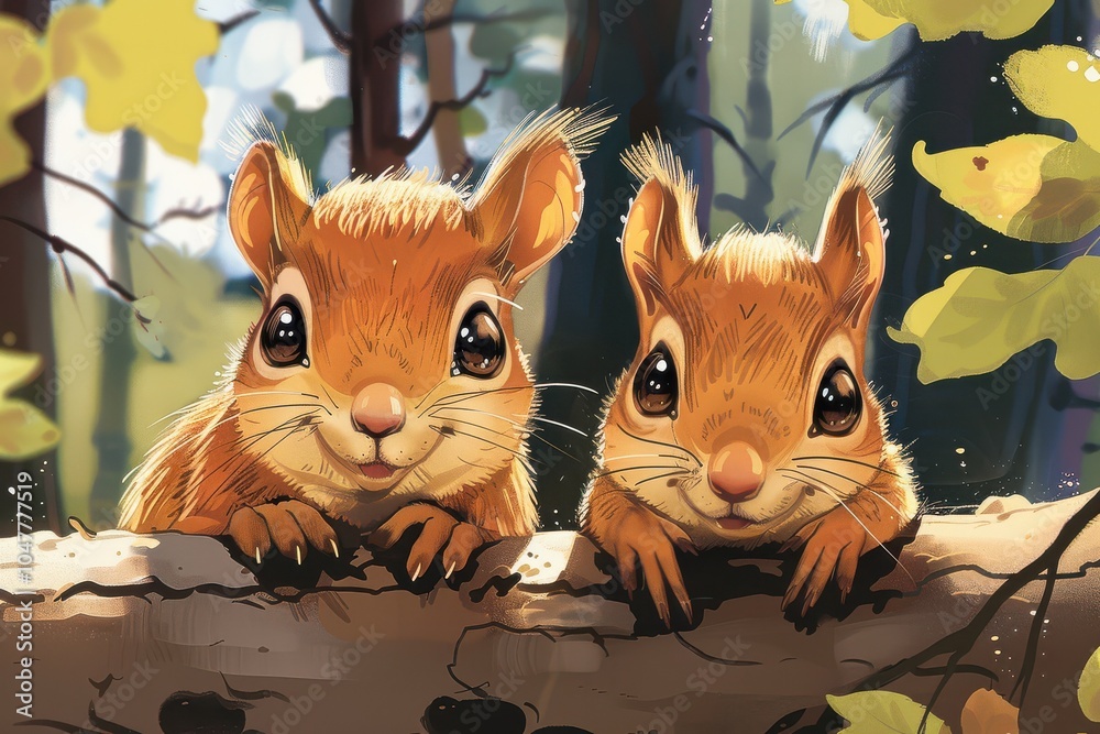 Adorable cartoon-style illustration of two baby squirrels sitting together on a log, smiling.