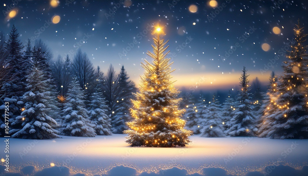 Naklejka premium outside christmas tree in snow background with tree lights