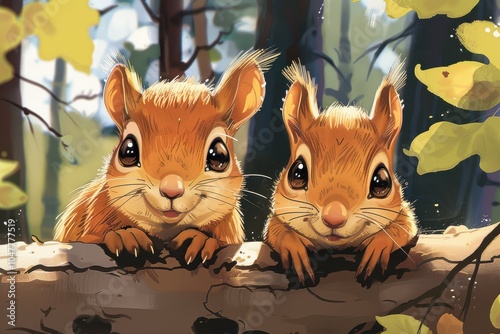 Obraz na płótnie Adorable cartoon-style illustration of two baby squirrels sitting together on a log, smiling. w salonie