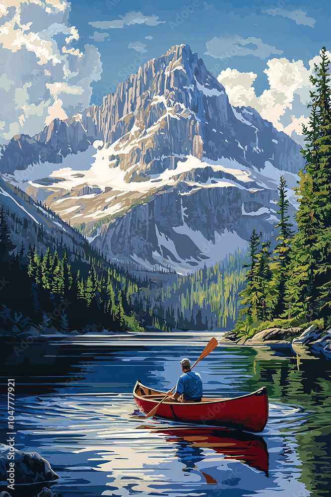 Man canoeing on a mountain lake with coniferous forest Man canoeing on a mountain lake with coniferous forest