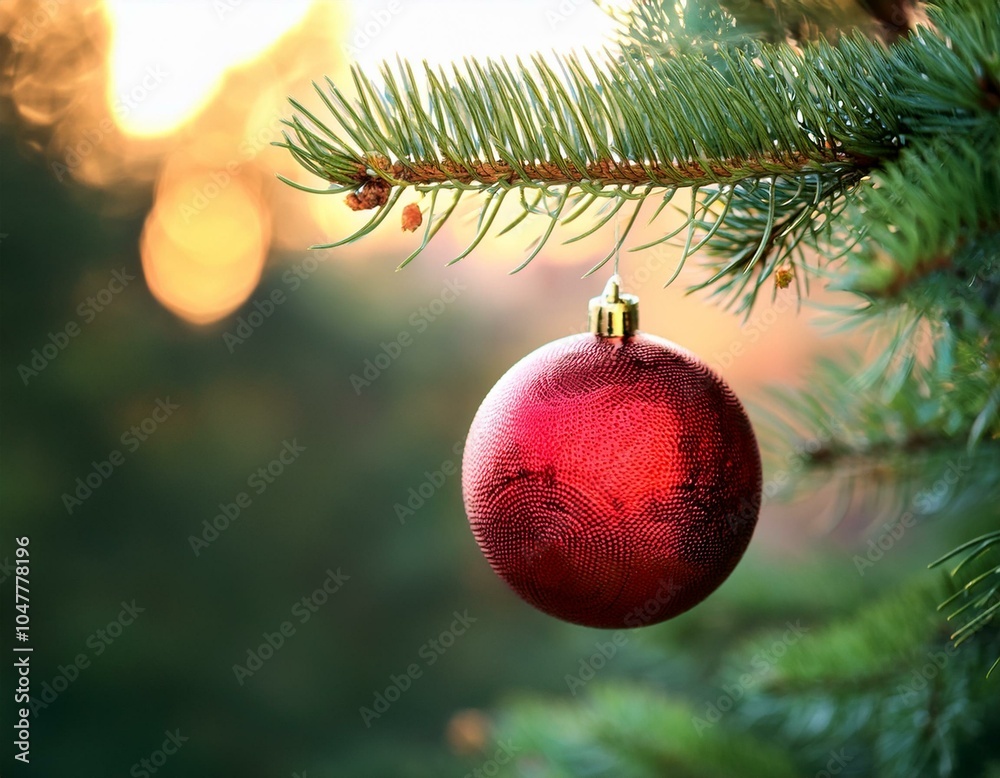 Obraz premium selective focus of red christmas ball on pine branch