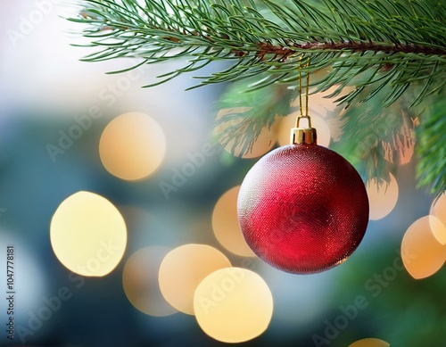 selective focus of red christmas ball on pine branch