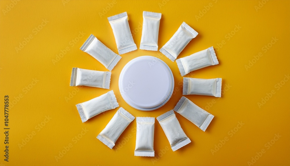 white thin snus sachets are laid out around a round jar on a yellow background white thin snus sachets are laid out around a round jar on a yellow background
