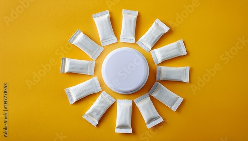 white thin snus sachets are laid out around a round jar on a yellow background