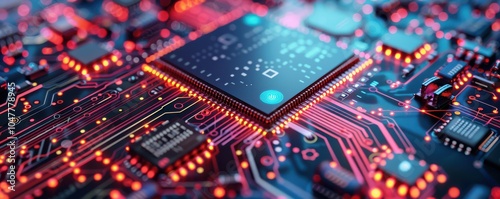 Detailed image of a semiconductor circuit board, glowing with orange lights and bokeh effects.