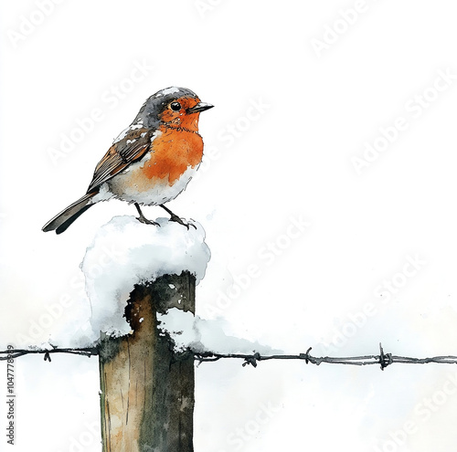 robin perched on a snow covered fence post