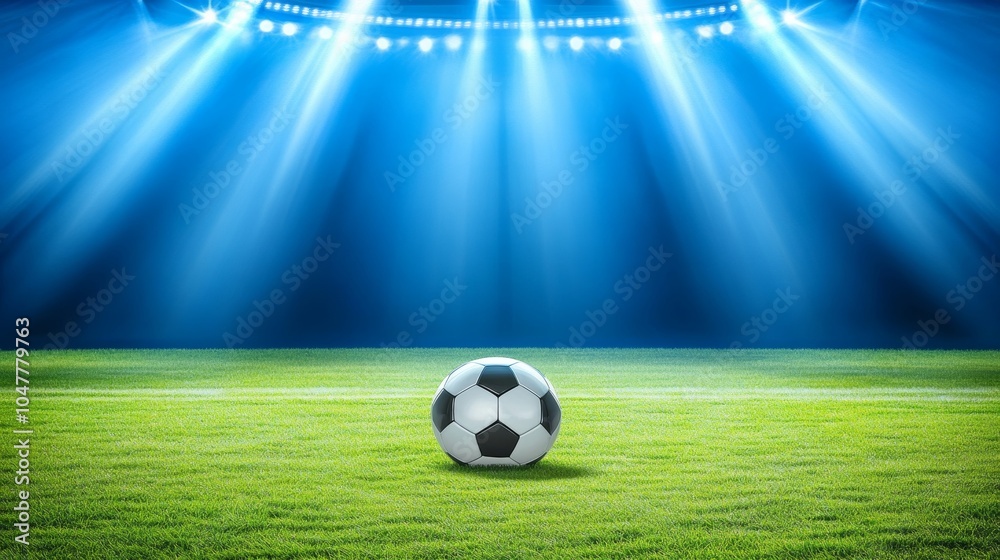 Naklejka premium Classic Soccer Ball on Lush Green Field Under Stadium Spotlights at Night, Game Day Atmosphere