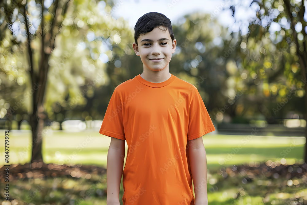 A young Hispanic boy with dark hair stands confidently in a vibrant orange t-shirt, smiling against a backdrop of green trees. A young Hispanic boy with dark hair stands confidently in a vibrant orange t-shirt, smiling against a backdrop of green trees.