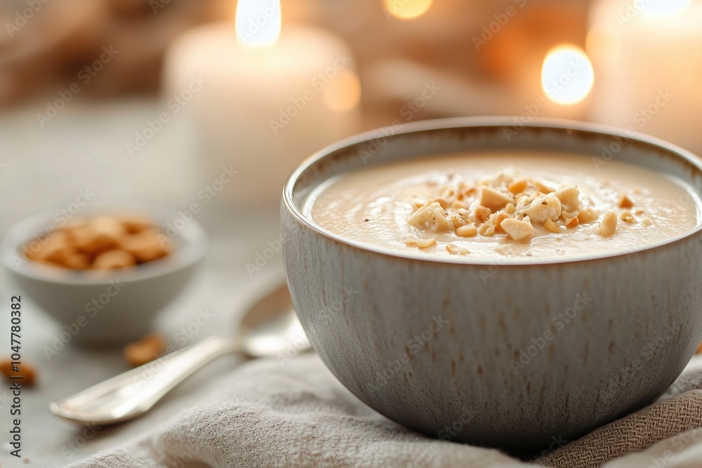 Indulgent velvety cauliflower and cashew cream soup served in a modern bowl with toasted cashews beside soft candlelight