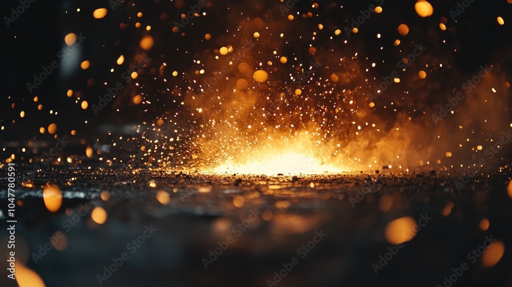 gold spark bokeh fire flame from cutting steel welding at industry factory.