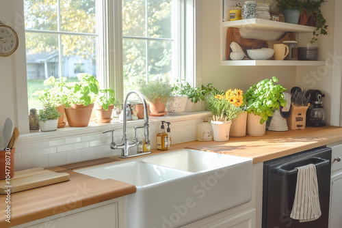 Light and Airy Farmhouse Kitchen Featuring Bright Colors, Open Shelving, and Vintage Charm for a Fresh and Inviting Cooking Space