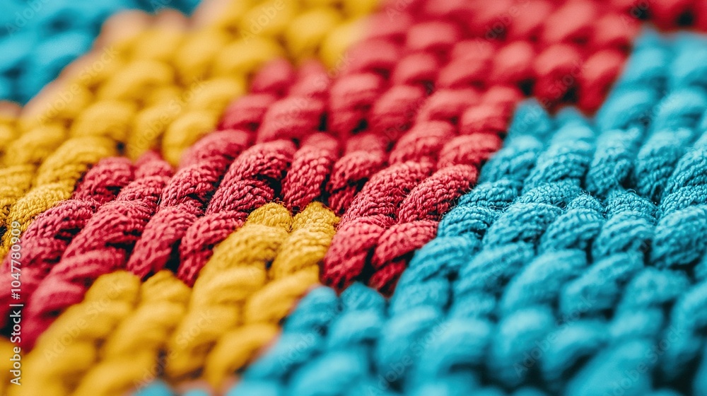 A vibrant close-up of intricately woven fabric showcasing bright red, blue, and yellow threads in a textured pattern. A vibrant close-up of intricately woven fabric showcasing bright red, blue, and yellow threads in a textured pattern.