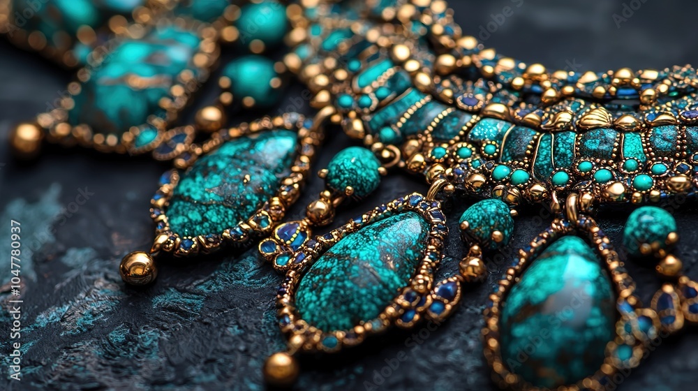 A stunning turquoise necklace adorned with intricate gold detailing and vibrant gemstones, showcasing exquisite craftsmanship.