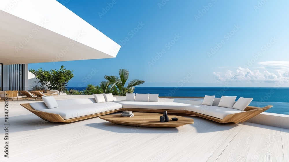 Fototapeta premium Stunning Beachfront Villa with Expansive Terrace Overlooking the Tropical Ocean