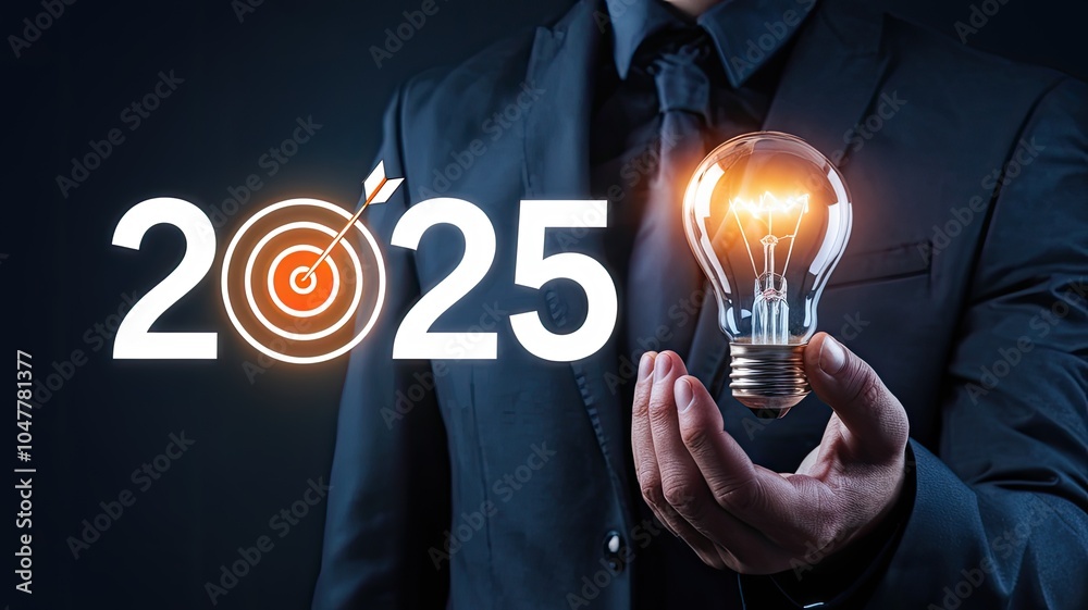 © Vodkaz - Businessman holding a glowing light bulb representing future goals for 2025. © Vodkaz - Businessman holding a glowing light bulb representing future goals for 2025.