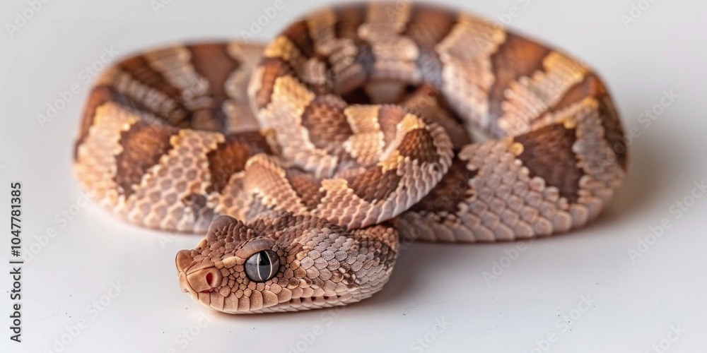 Gaboon Viper rests in a coiled position showcasing its distinct cryptic patterns and striking coloration against a seamless white background illuminated dramatically. Gaboon Viper rests in a coiled position showcasing its distinct cryptic patterns and striking coloration against a seamless white background illuminated dramatically.