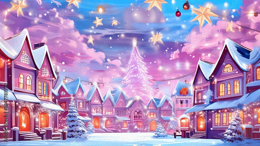 Christmas Harmony in a Joyful Cartoon Wonderland with Glittering Trees, Cheerful Decorations, and Enchanting Details, Illuminating a Festive Village in Delightful Blue and Pink Hues Christmas Harmony in a Joyful Cartoon Wonderland with Glittering Trees, Cheerful Decorations, and Enchanting Details, Illuminating a Festive Village in Delightful Blue and Pink Hues