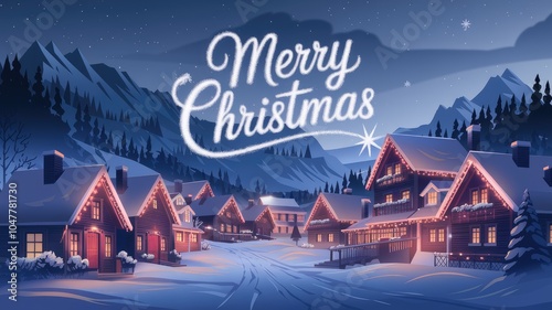 Festive snowy village with Christmas lights, mountains in the background, and holiday spirit.