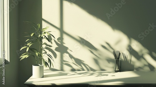 A white desk with free space, complemented by a shadowed wall backdrop.