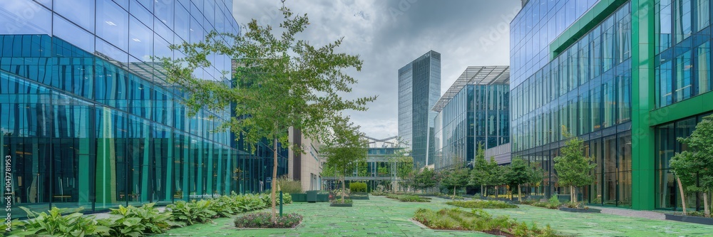 Modern office buildings with greenery, urban landscape, blue sky backdrop. Modern office buildings with greenery, urban landscape, blue sky backdrop.
