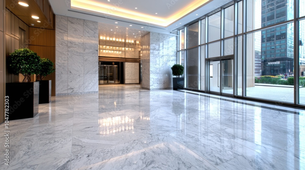 Fototapeta premium Elegant and Spacious Modern Office Interior with Marble Floors and City View