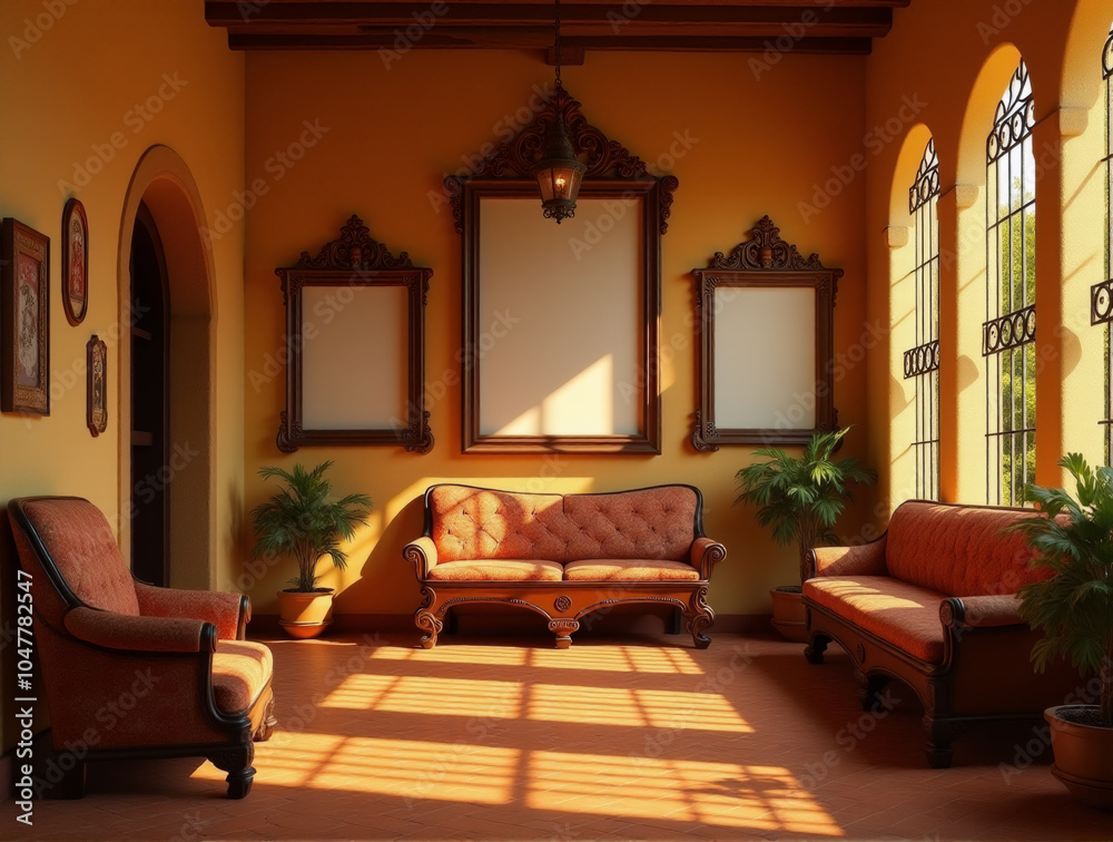 Warm Spanish Hacienda Interior with Terracotta Tiles and Stucco Walls Featuring Three Blank Canvases in Ornate Dark Wood Frames Above an Arched Doorway Warm Spanish Hacienda Interior with Terracotta Tiles and Stucco Walls Featuring Three Blank Canvases in Ornate Dark Wood Frames Above an Arched Doorway