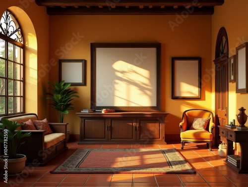 Warm Spanish Hacienda Interior with Terracotta Tiles and Stucco Walls Featuring Three Blank Canvases in Ornate Dark Wood Frames Above an Arched Doorway