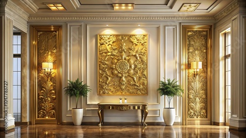 symmetrical entrance hall with golden art at wall