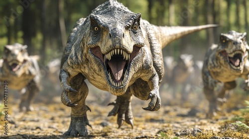 Fototapeta Naklejka Na Ścianę i Meble -  A pack of Tyrannosaurus Rex dinosaurs charge towards the camera in a dense forest.