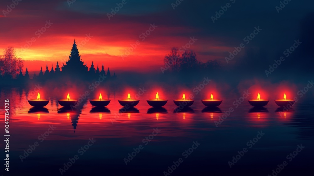 Tranquil Evening with Diyas Candles and Majestic Temple Silhouette Tranquil Evening with Diyas Candles and Majestic Temple Silhouette