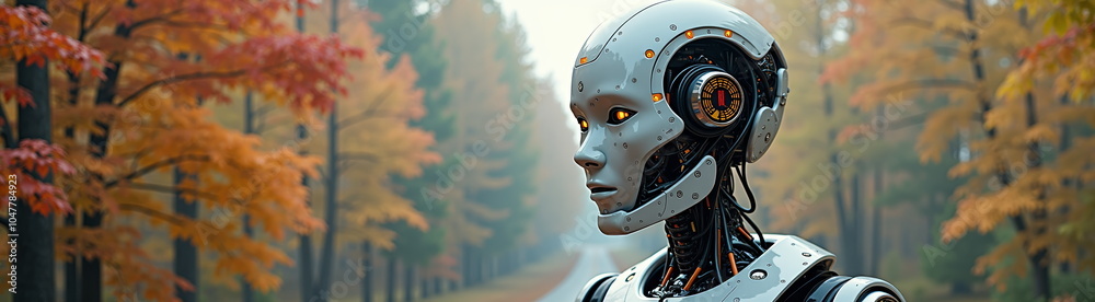 Futuristic robot in autumn forest panorama