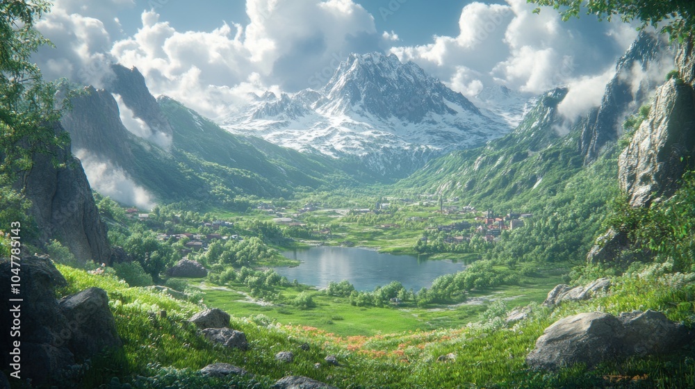 Obraz premium A picturesque valley nestled amidst snow-capped mountains, with a tranquil lake and a small village.