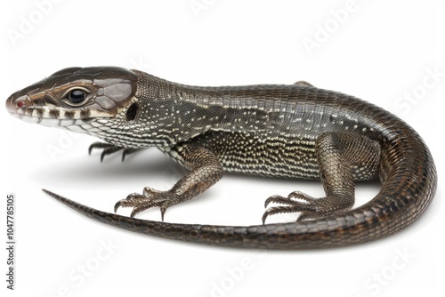 Gidgee Skink characterized by distinctive spiky scales is positioned against a white backdrop. Soft lighting highlights its intricate patterns and textures. photo