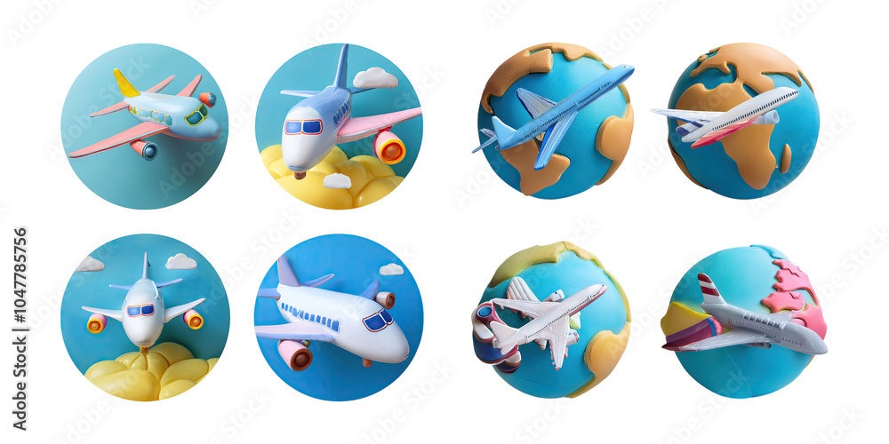 Colorful Airplane Models and Planet Themes, PNG collection, set bundle, isolate on transparent or white background