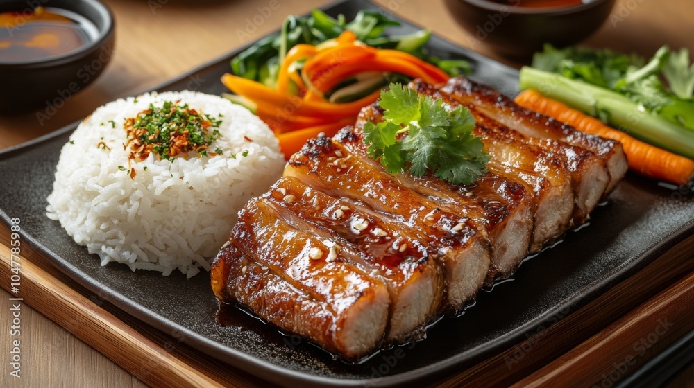Delicious Grilled Pork with Rice and Vegetables Delicious Grilled Pork with Rice and Vegetables
