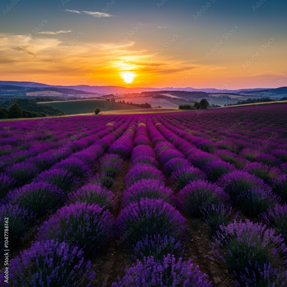 Rolling hills covered in vibrant lavender fields at sunrise Rolling hills covered in vibrant lavender fields at sunrise