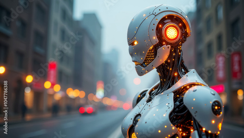 robot with glowing eyes stands on city street
