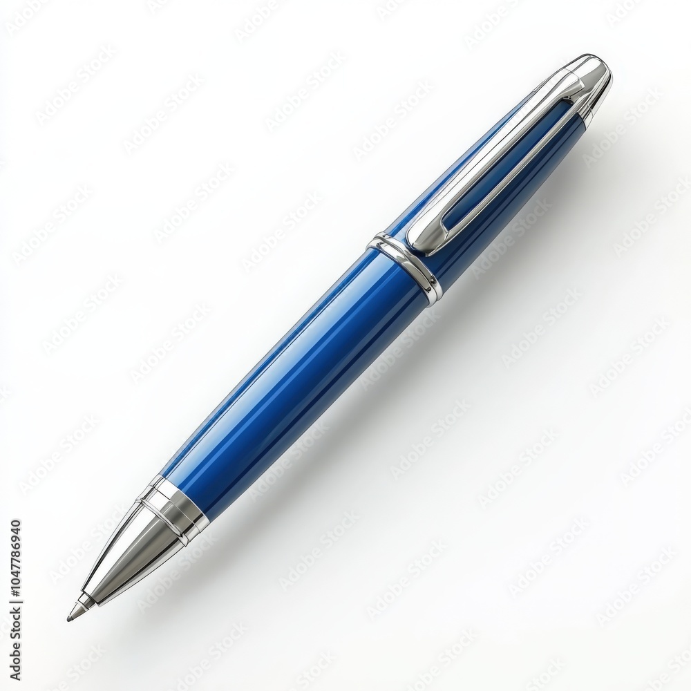 Sleek Blue Ballpoint Pen with Metallic Accents on White Background Sleek Blue Ballpoint Pen with Metallic Accents on White Background