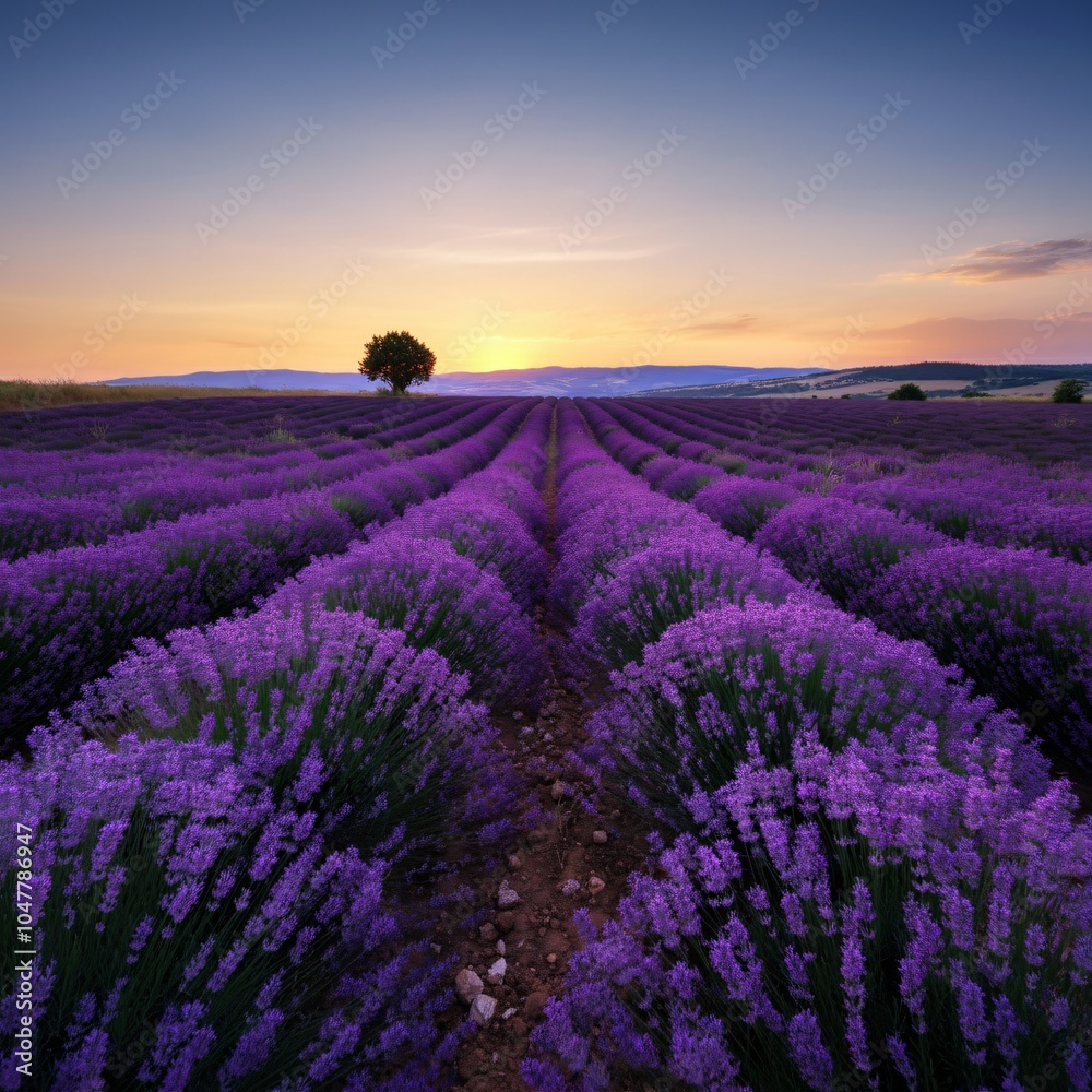 Obraz premium Rolling hills covered in vibrant lavender fields at sunrise