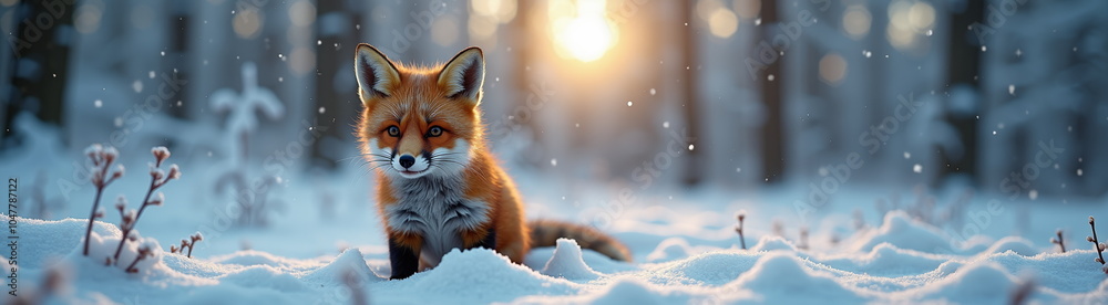 Red fox sitting in snowy winter forest at sunset Red fox sitting in snowy winter forest at sunset