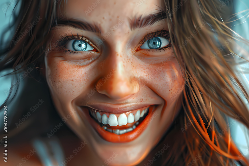 A young Caucasian woman with striking blue eyes and freckles beams with joy, showcasing her bright smile and vibrant personality. A young Caucasian woman with striking blue eyes and freckles beams with joy, showcasing her bright smile and vibrant personality.