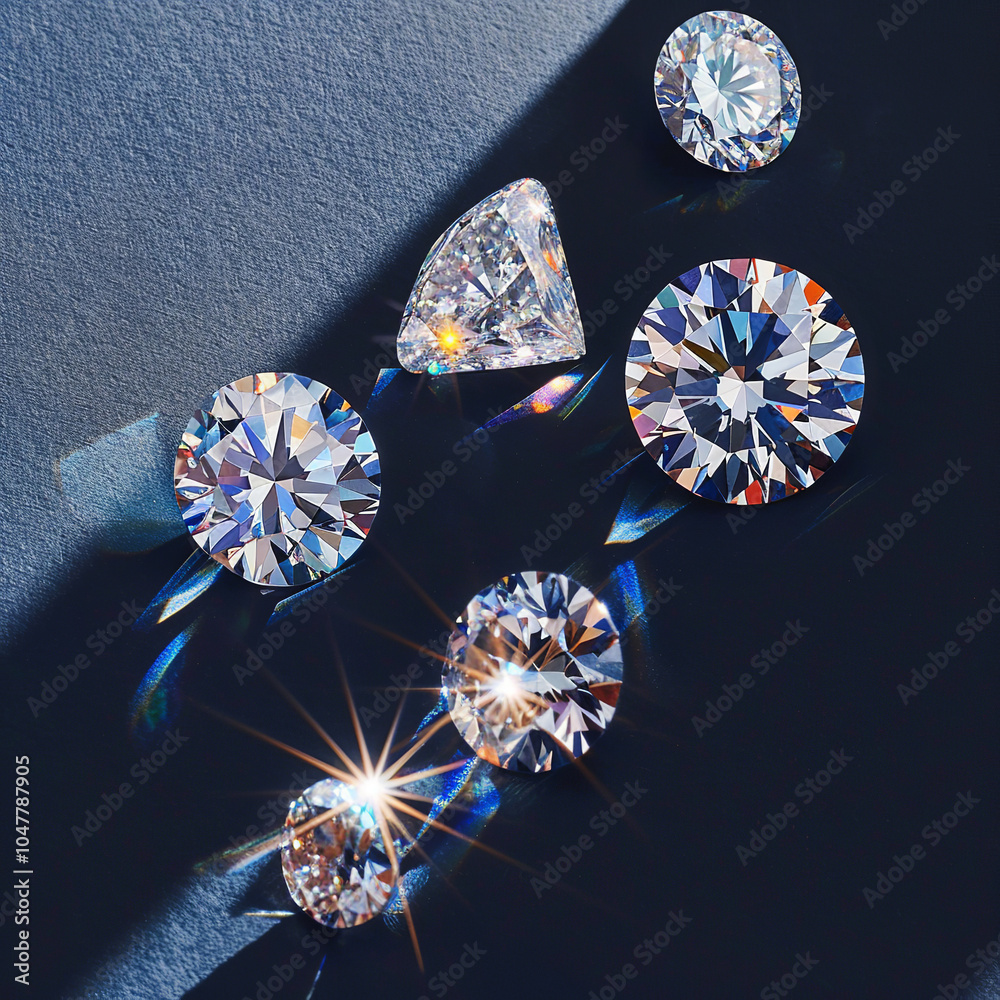 Fototapeta premium Radiant Loose Diamonds with Sparkling Light Reflections on Dark Blue Background