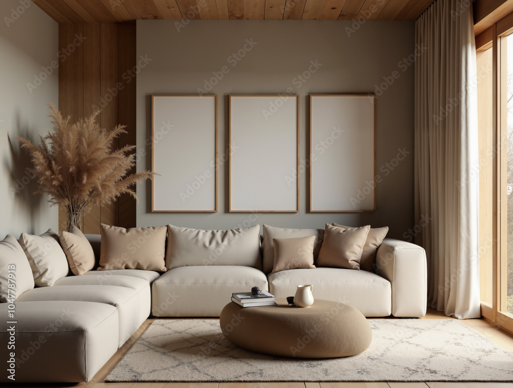 Wabi-Sabi Style Interior with Solid Wood Furniture Featuring Three Blank Canvases in a Cozy Living Room Wabi-Sabi Style Interior with Solid Wood Furniture Featuring Three Blank Canvases in a Cozy Living Room