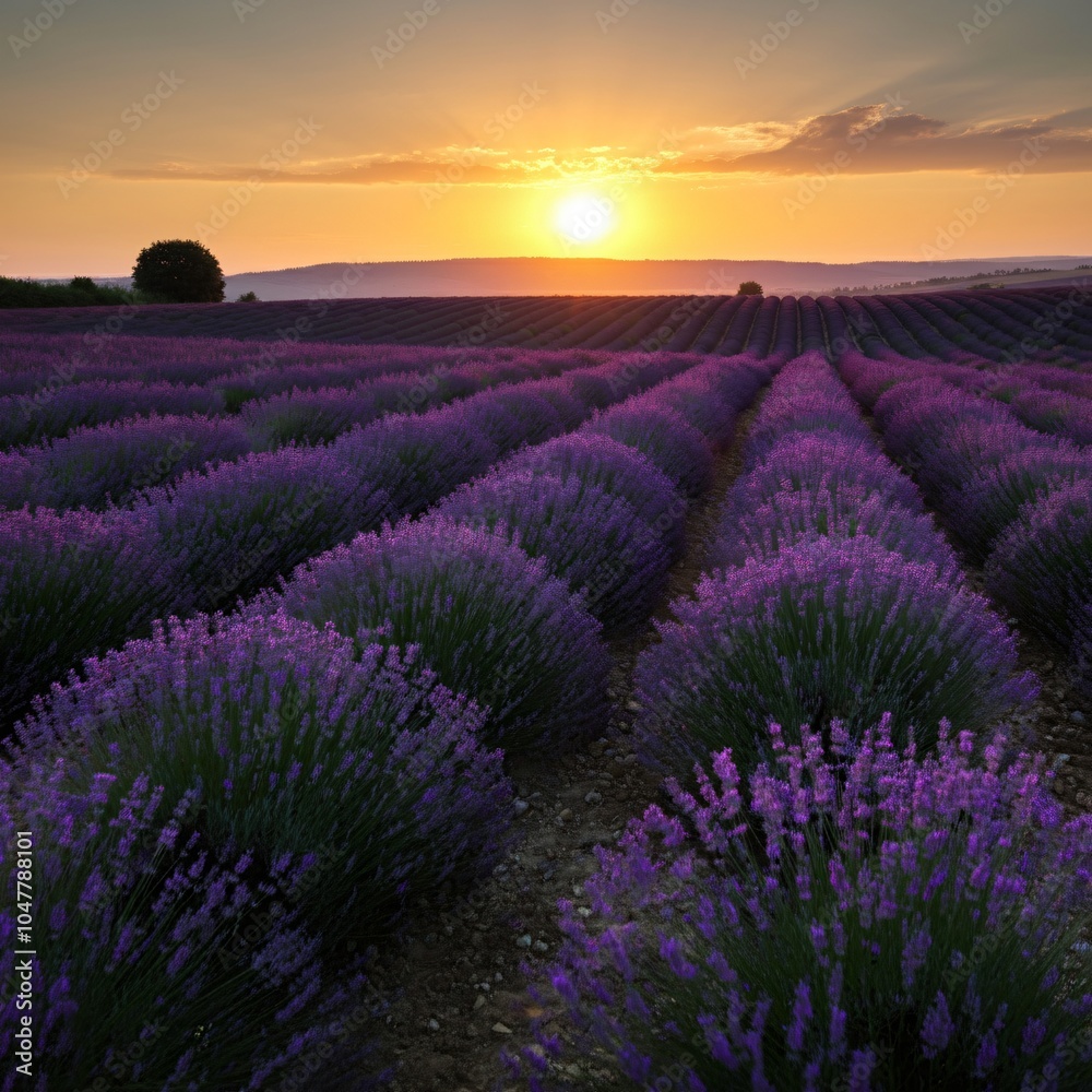 Fototapeta premium Rolling hills covered in vibrant lavender fields at sunrise