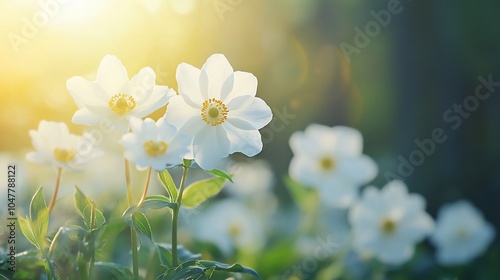 White flowers blooming in a field with sunlight shining through them.