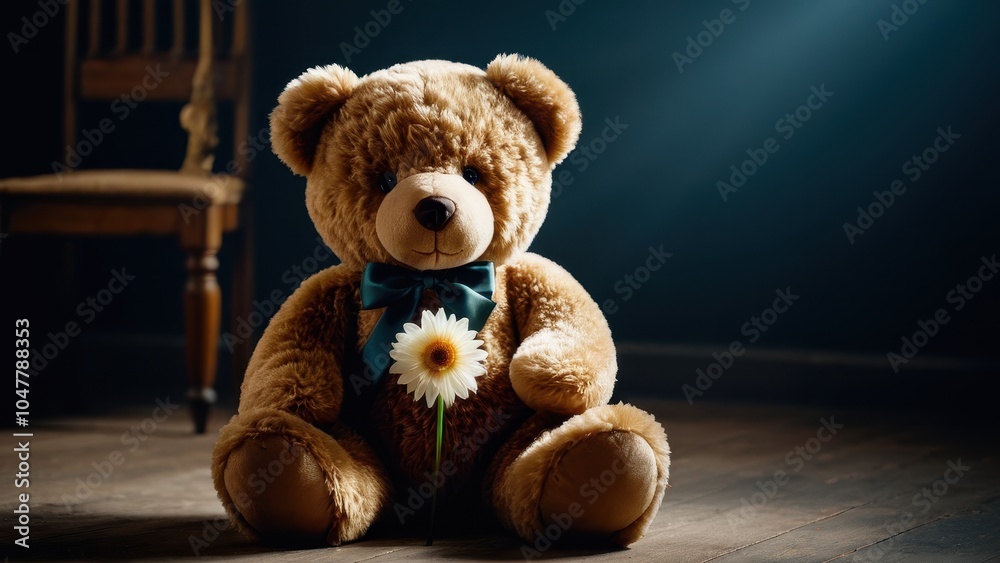 Obraz premium Teddy bear with a flower, capturing a soft and loving vibe, ideal for birthdays, anniversaries, or simply to show someone you care.