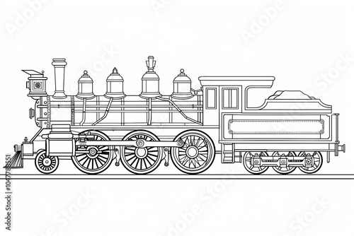 A detailed line drawing of a classic steam locomotive with prominent wheels and a vintage design, showcasing its intricate features.