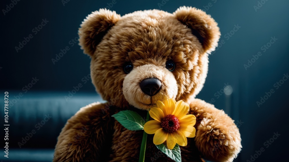 Obraz premium Teddy bear with a flower, a heartfelt symbol of love and care, making it a wonderful gift for loved ones on special days.